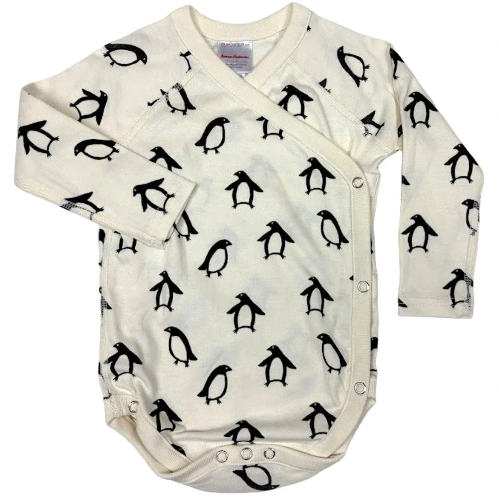 Hanna Andersson Beige Penguin Long Sleeve Wrap Bodysuit 12 18 mos Unisex 75 Baby
